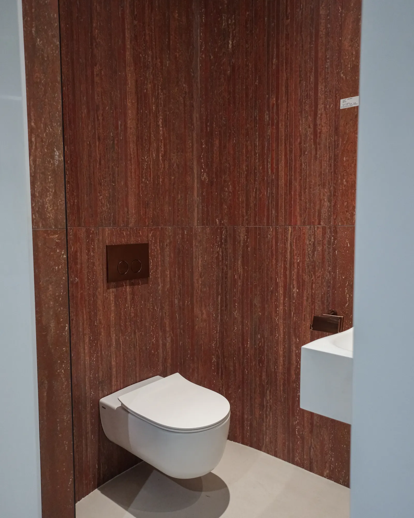Toilet met terracotta houtlook wand